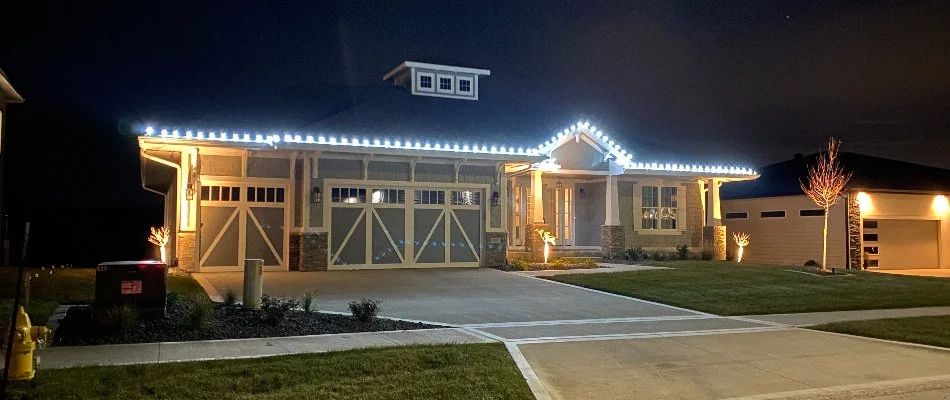 Cool white Christmas lights on a house in Waukee, IA.
