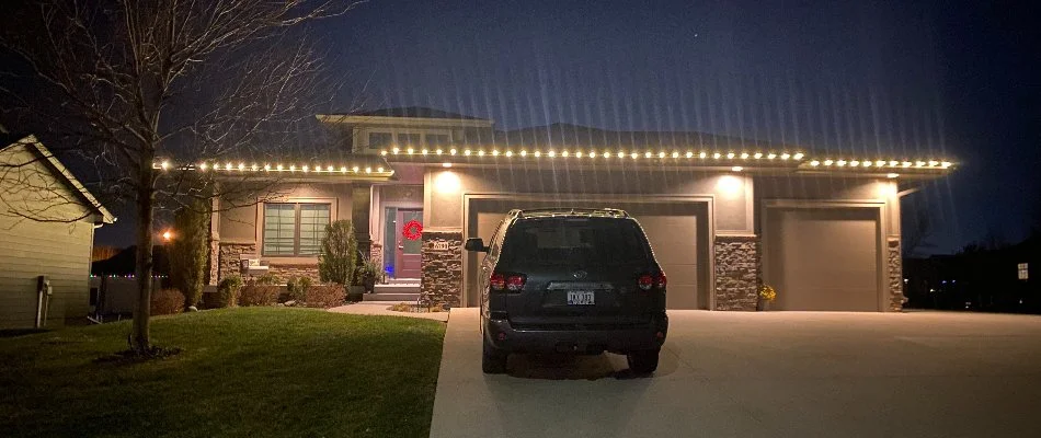 Holiday lighting on the roof of a house in Waukee, IA.