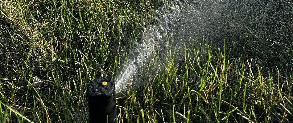 Irrigation sprinkler head watering a lawn in Panora, IA.