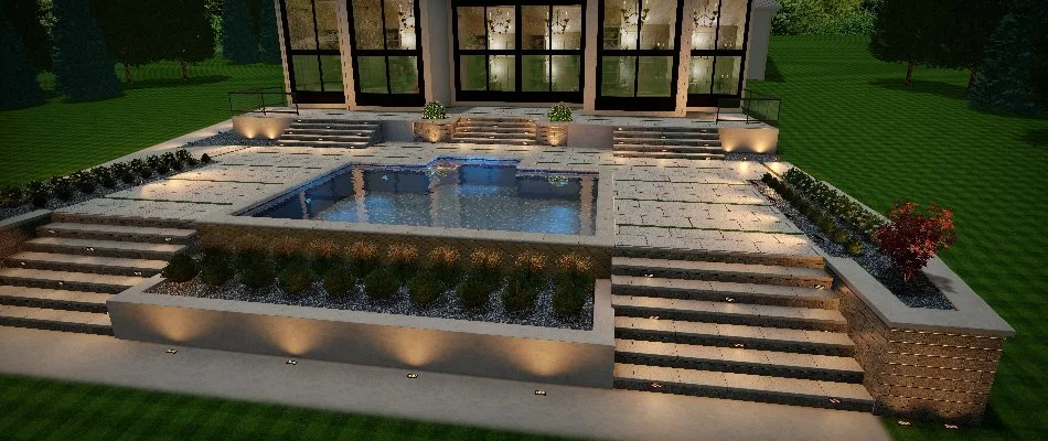 3D design for landscape and concrete patio around a pool in Waukee, IA.