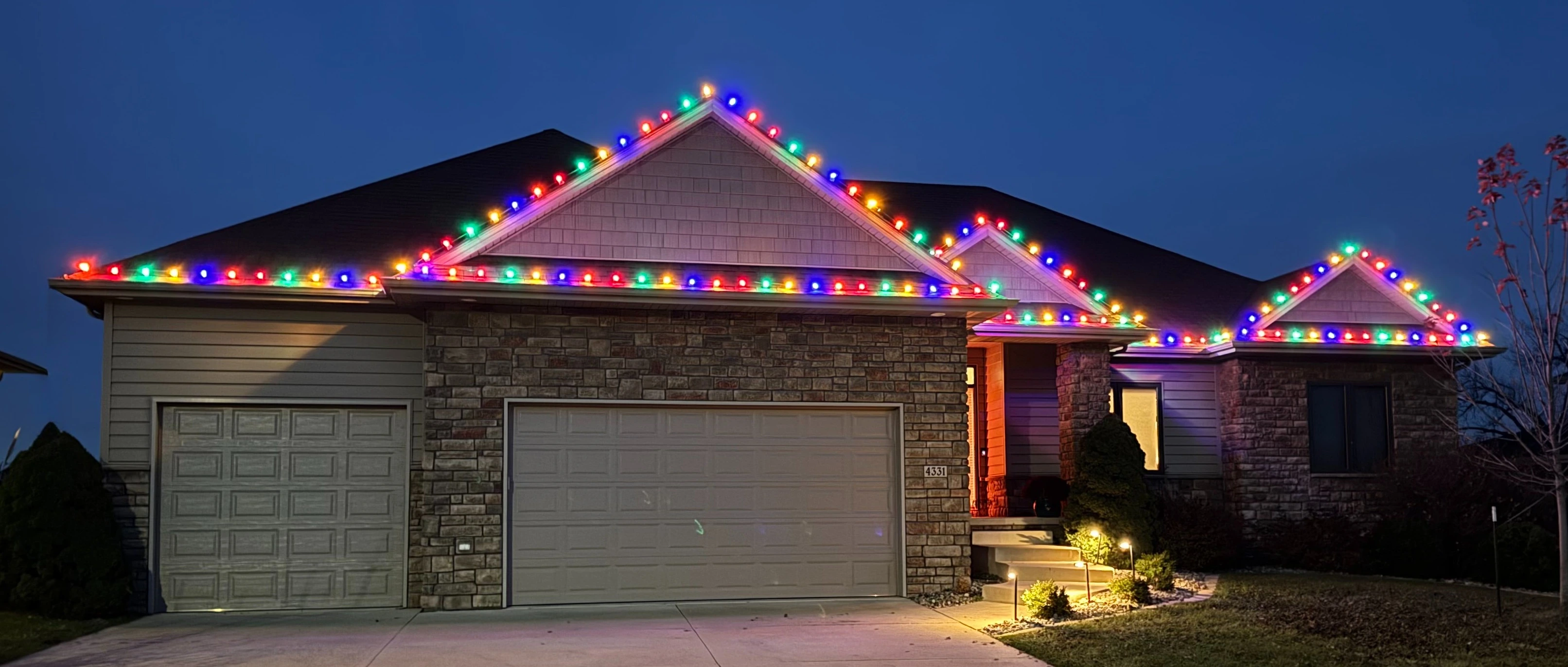 Holiday lights on a home in Waukee, IA.