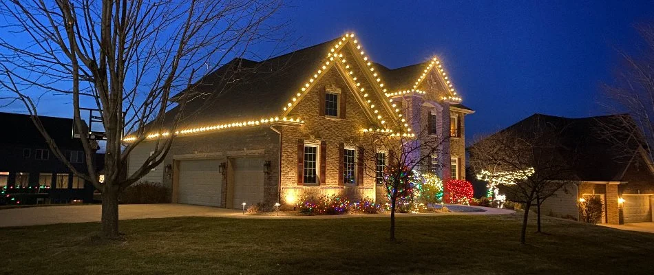 Holiday lights on a home in Waukee, IA.