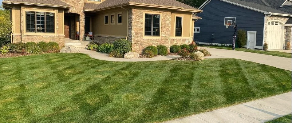 Lawn in Avon Lake, IA, with mowing pattern.
